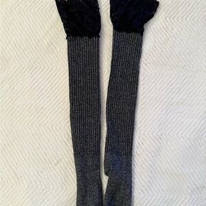 Knee-High Ribbed Knit Socks with Lace Top - Charcoal